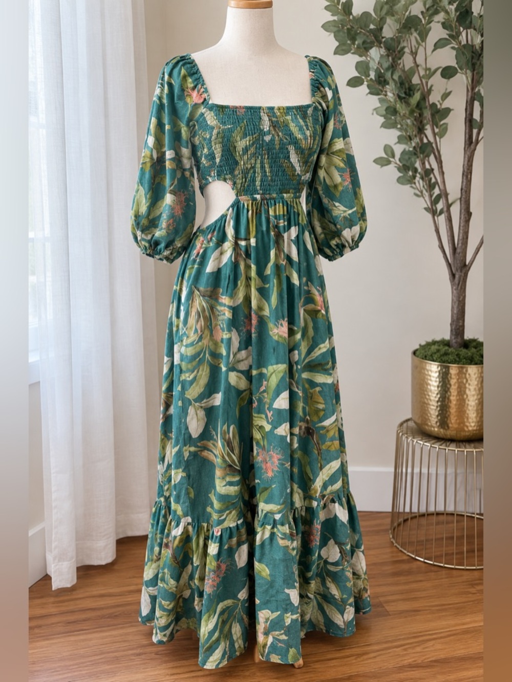 O.P.T Green Tropical Print Cutout Maxi Dress Linen Blend Small